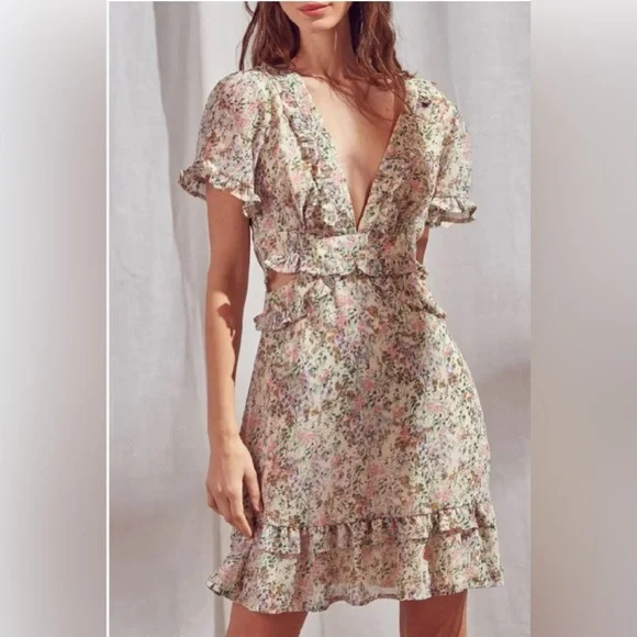 Storia Flutter Sleeve Deep V with Ruffled Tiered Skirt and Open Lace Back - Picture 1 of 6